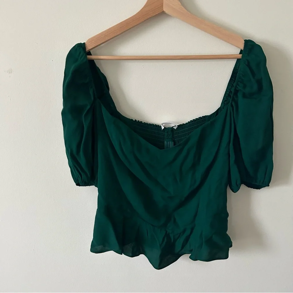 Reformation Emerald Green Puff Sleeve Peplum Top